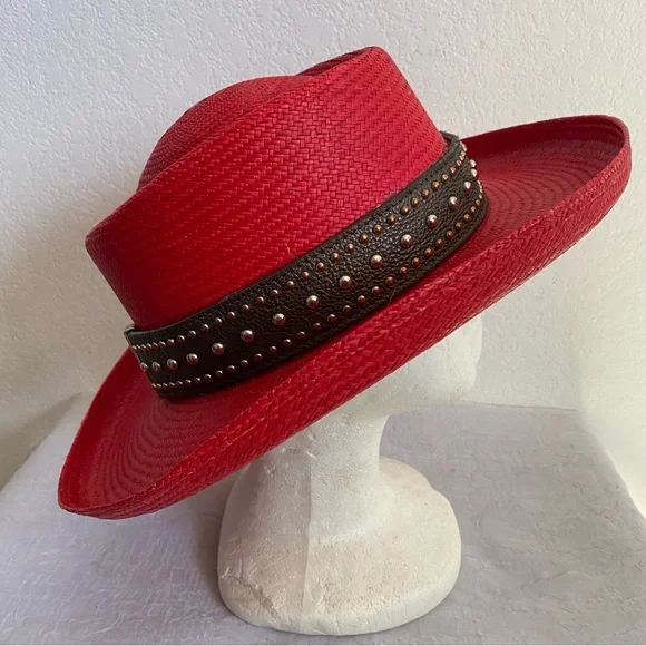 Custom Hat Vintage Fiesta Santa Barbara Red Sunhat w Custom Studded Leather Band - Picture 7 of 7